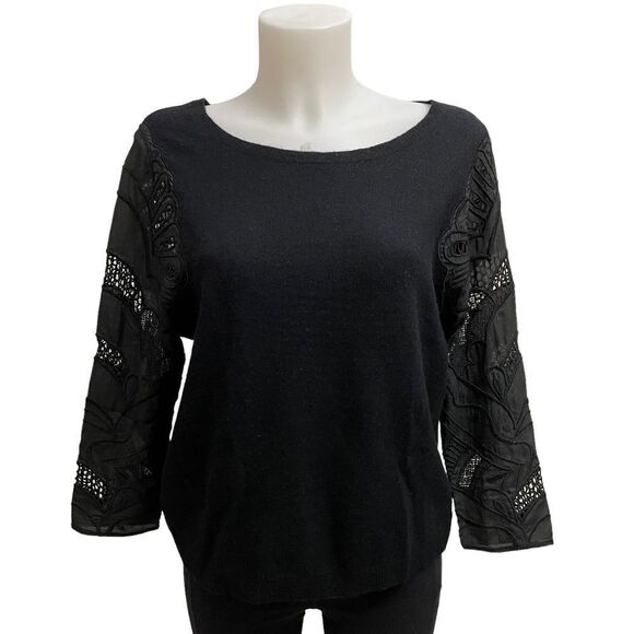 SANDRO
Black Knit Lambswool,Cashmere blend Sweater‎ embroidered sleeves sz 2 - Picture 1 of 10